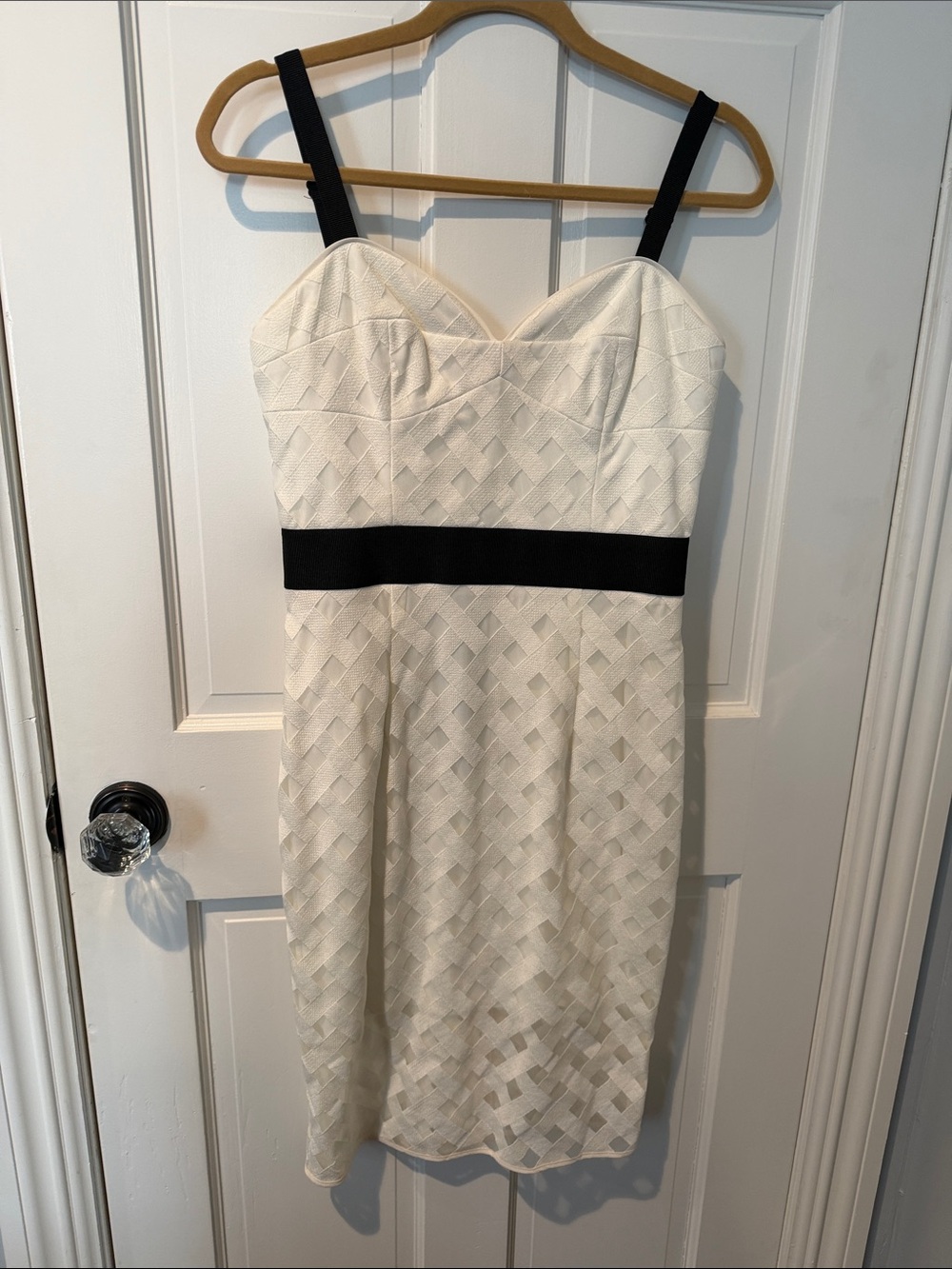 Milly Ivory Midi Dress with Black Straps and Waistband
